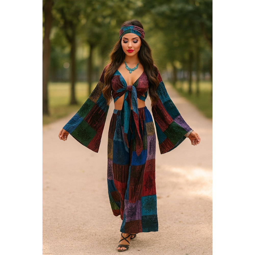 Bohemian Patchwork Tie Front Crop Top Wide Leg Pants Set